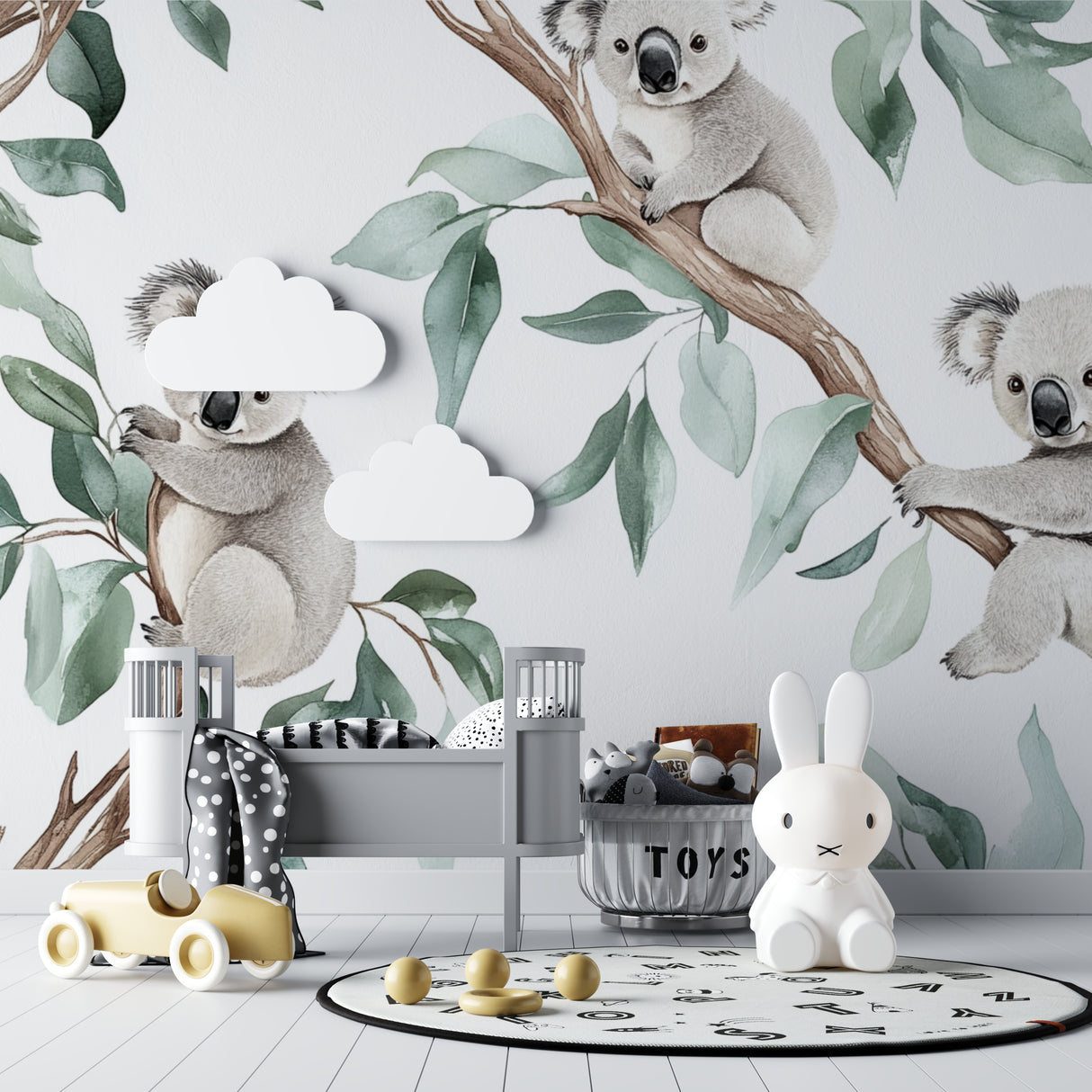 Watercolor koala wallpaper creating a calm atmosphere in a kid's reading nook