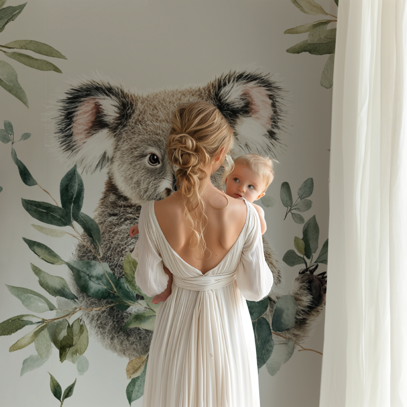 Koala nursery wallpaper creating a cozy atmosphere in a modern bedroom