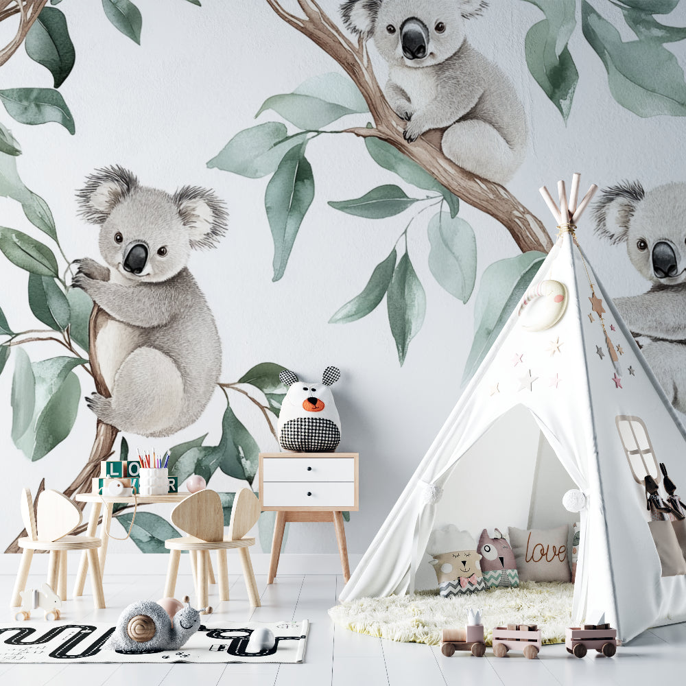 Sweet koala mural displayed in a minimal Scandinavian bedroom setting