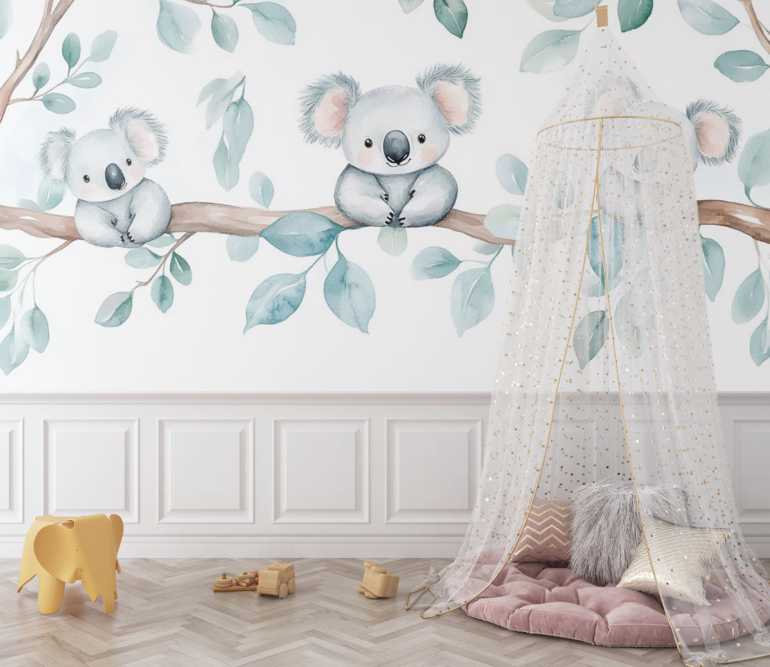Koala wallpaper mural bringing charm to a bright nursery with natural light and wooden furniture