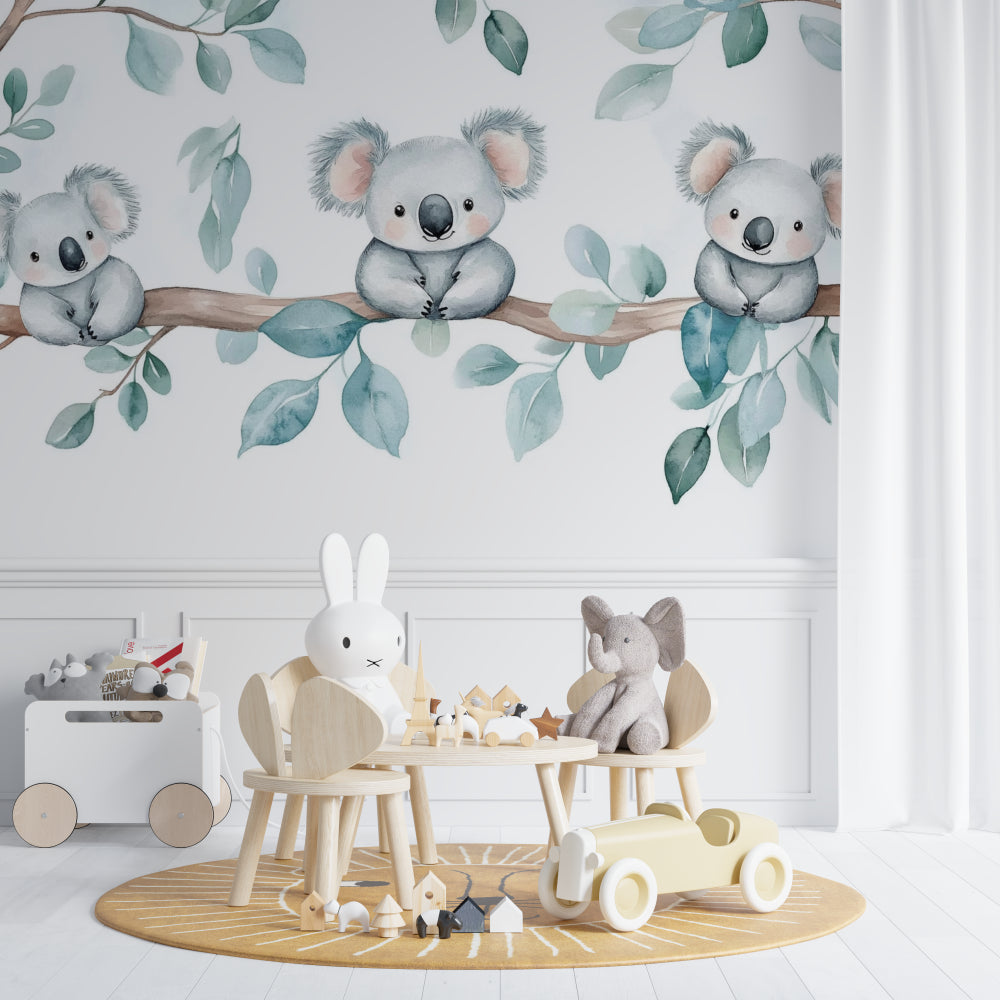 Watercolor koala wallpaper adding a gentle touch to a modern playroom setting
