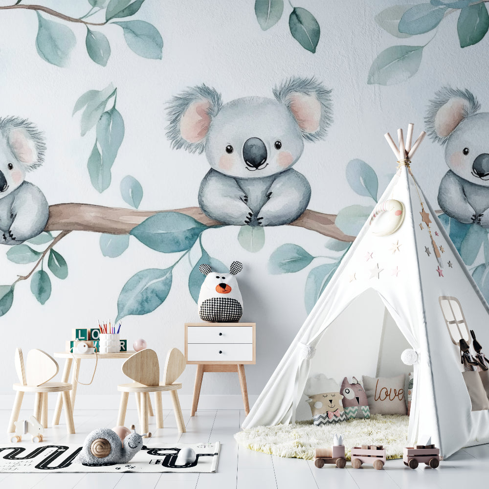 Sweet koala mural wallpaper transforming a baby's room into a peaceful sanctuary