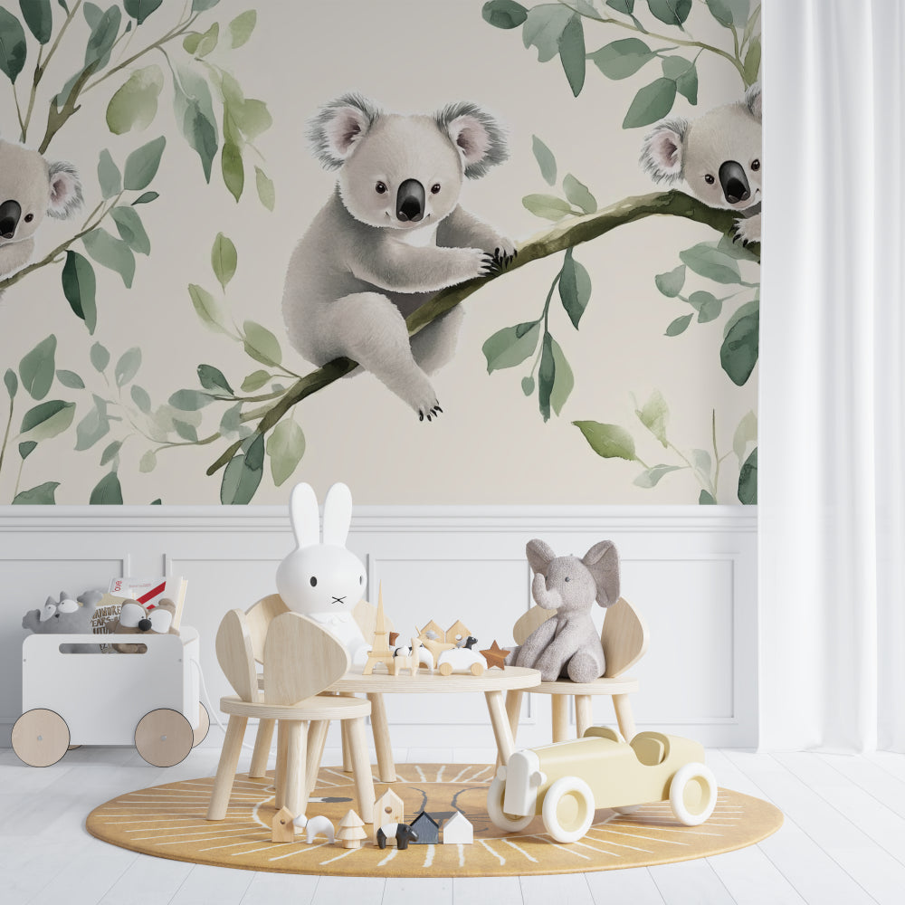 Children's bedroom featuring soft koala wall mural above a reading nook