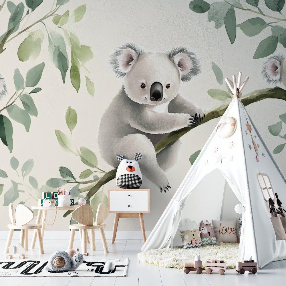 Playroom decorated with Australian koala wallpaper showing scale and full pattern