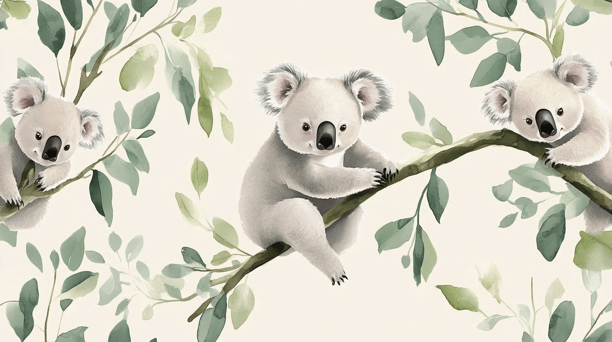 Koala wallpaper design file showing detailed watercolor eucalyptus pattern and sweet koalas