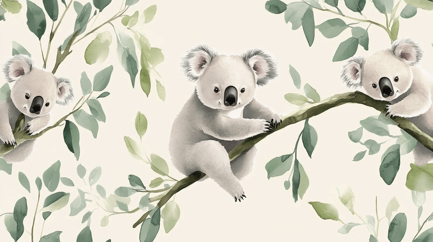 Koala wallpaper design file showing detailed watercolor eucalyptus pattern and sweet koalas