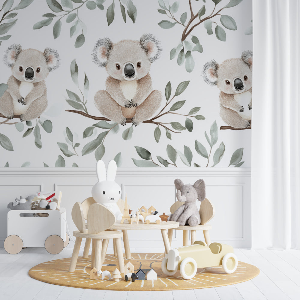 Koala wallpaper creating a peaceful atmosphere in a modern nursery with natural light