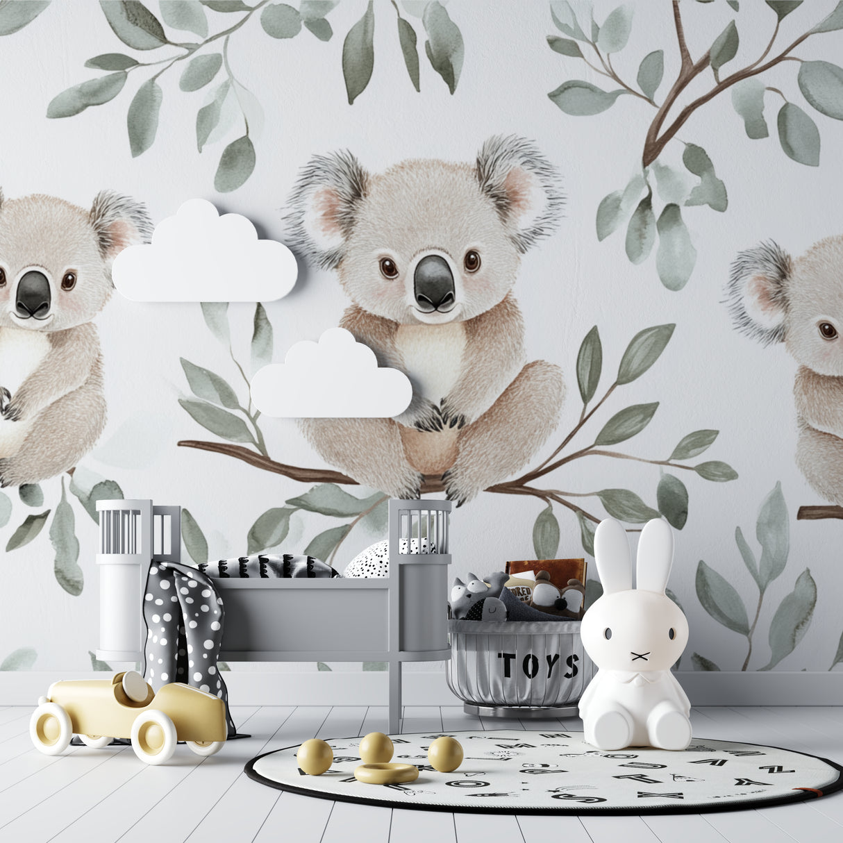 Australian koala mural brightening a child's reading nook with soft green tones