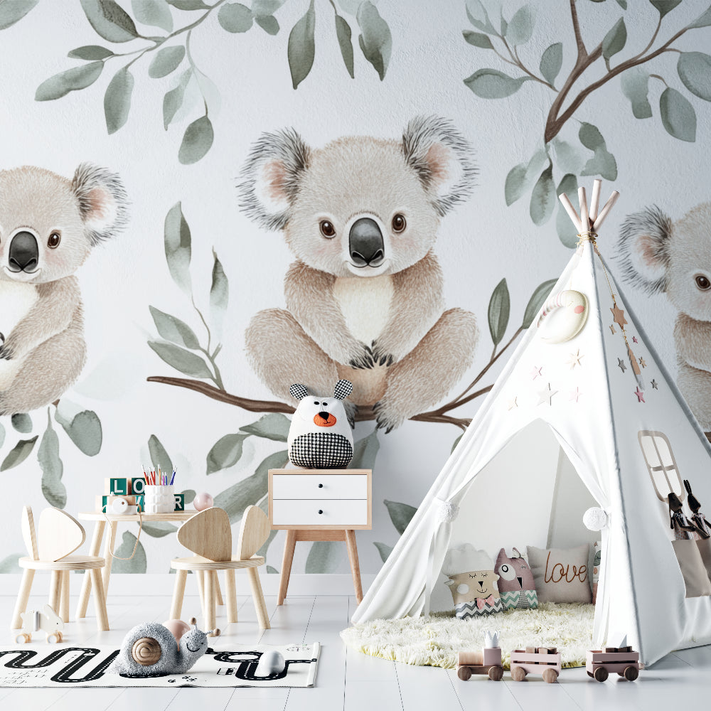 Koala and eucalyptus pattern transforming a bedroom accent wall