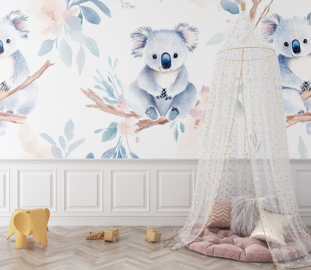 Australian koala wallpaper adding charm to a baby's changing area