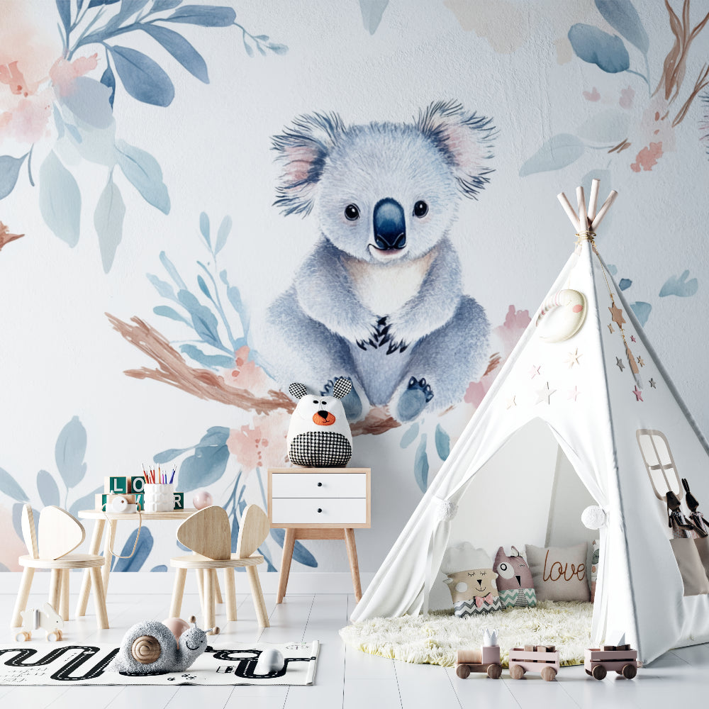 Eucalyptus and koala mural making a playroom wall come alive