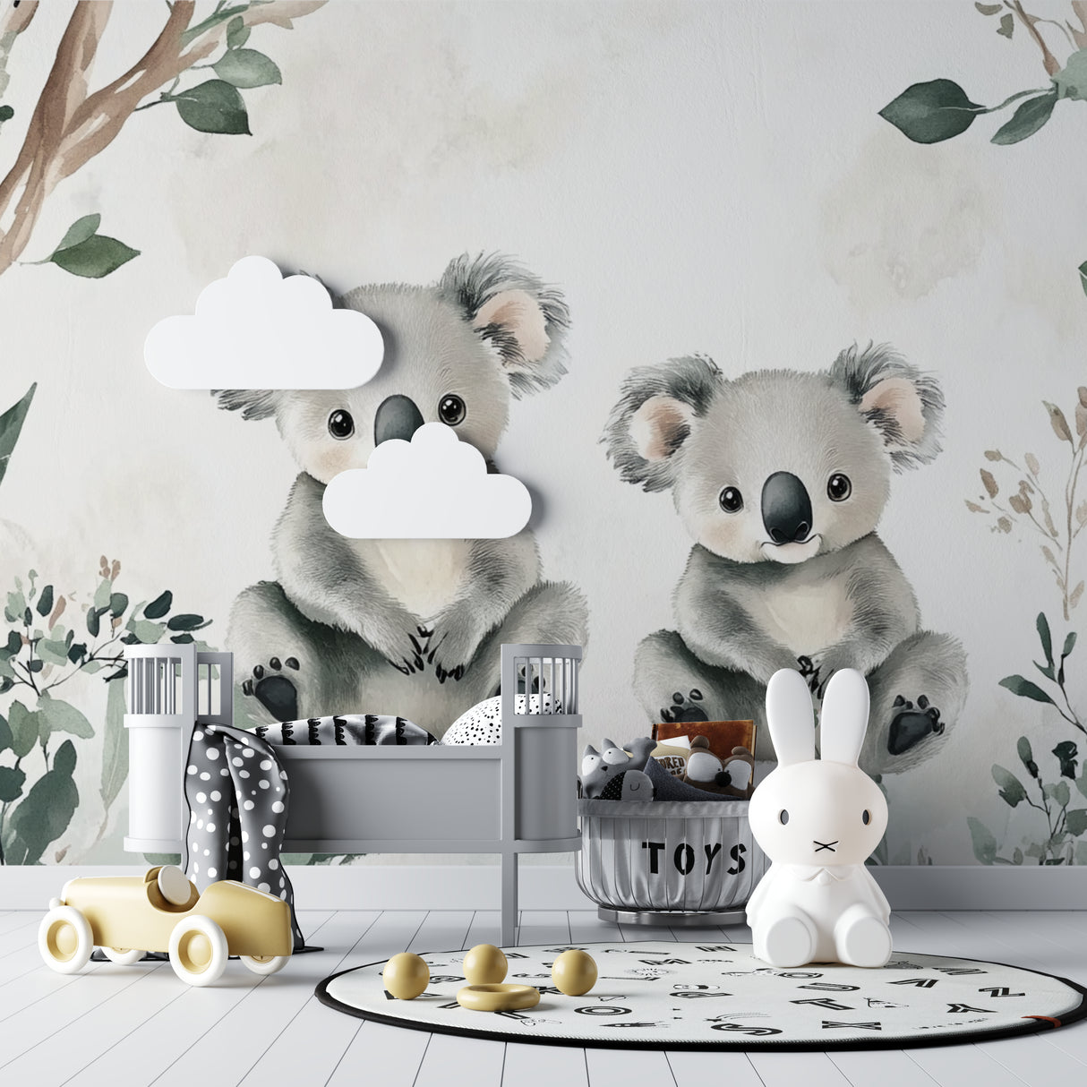 Children's bedroom featuring koala wall mural with reading nook