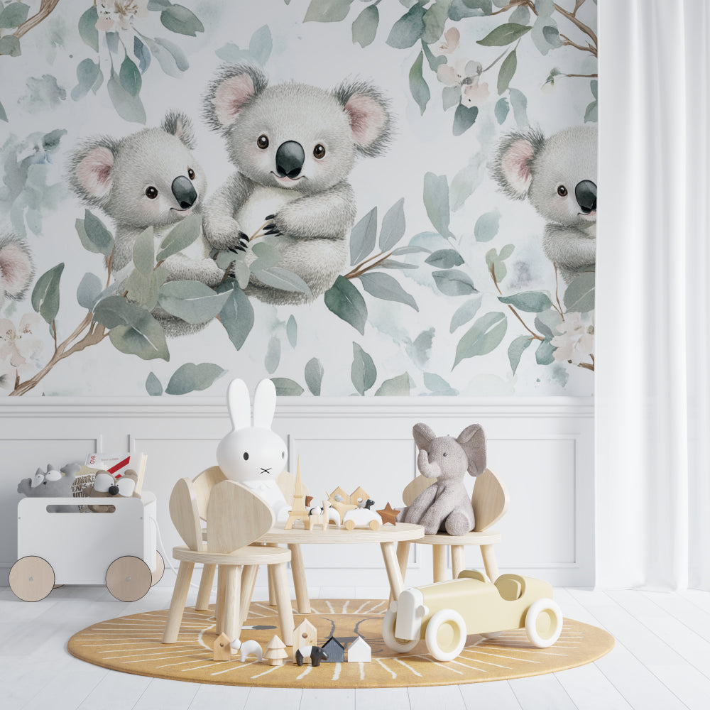 Australian wildlife wallpaper featuring koalas in a bright children's playroom setting