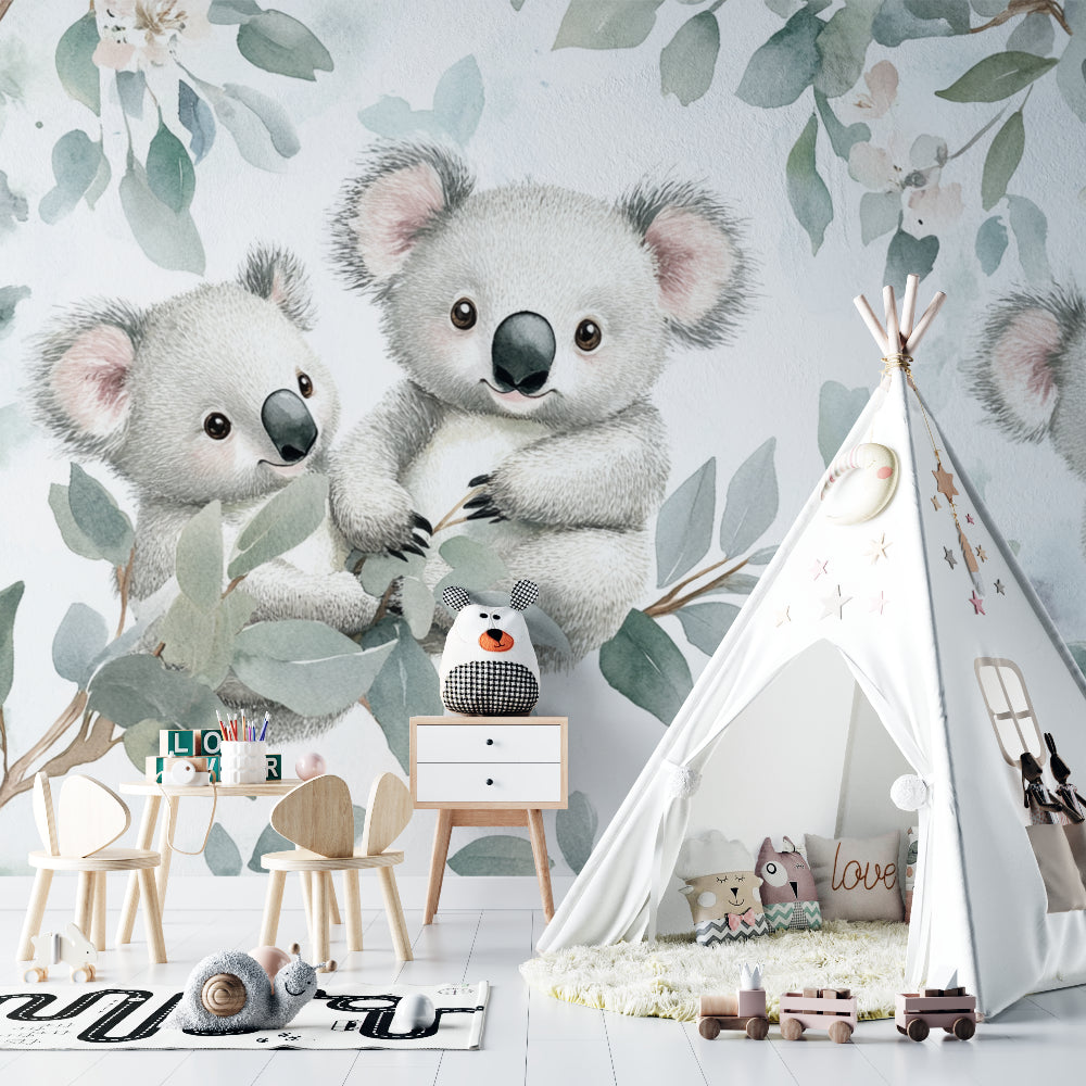 Watercolor koala mural bringing nature into a cozy reading nook
