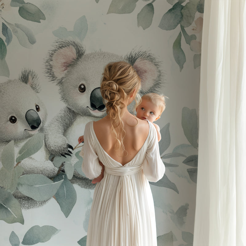 Gentle koala wallpaper design enhancing a minimalist nursery space