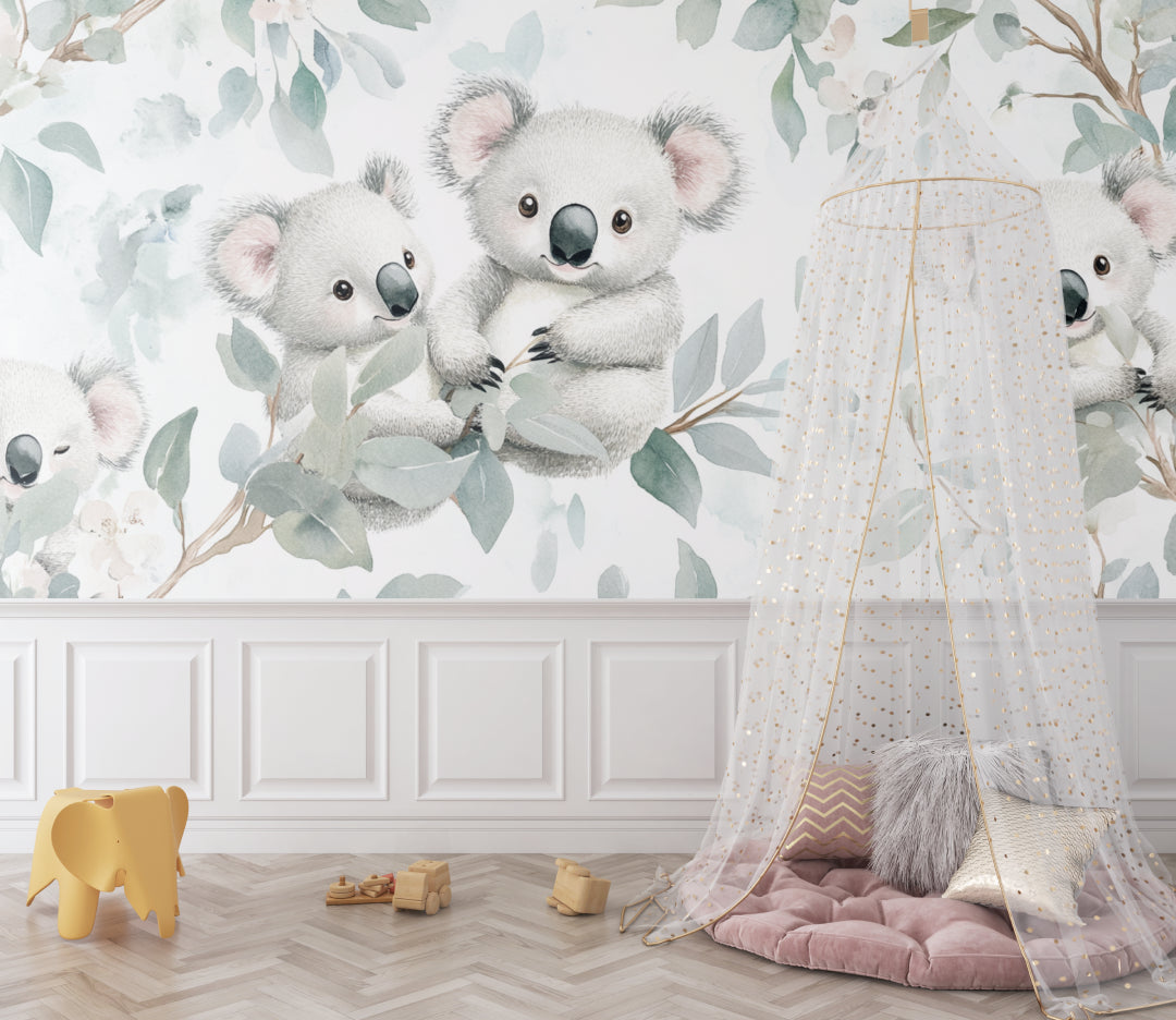 Sweet koala wall mural creating warmth in a girl's bedroom