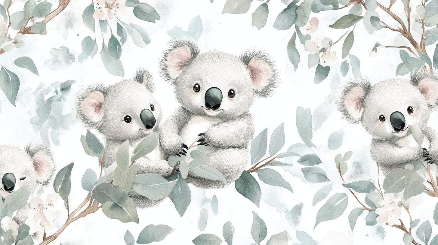 Design file showing watercolor koalas and eucalyptus pattern on white background