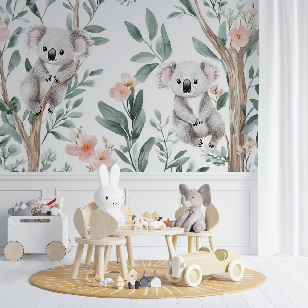 Australian koala wallpaper featured in a playroom with reading nook and natural textures