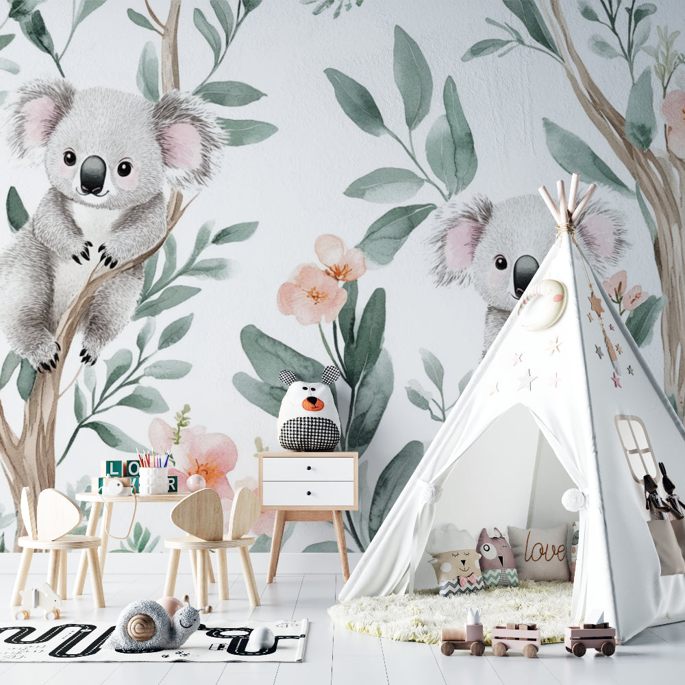 Whimsical koala mural adding charm to a gender-neutral nursery with minimal decoration