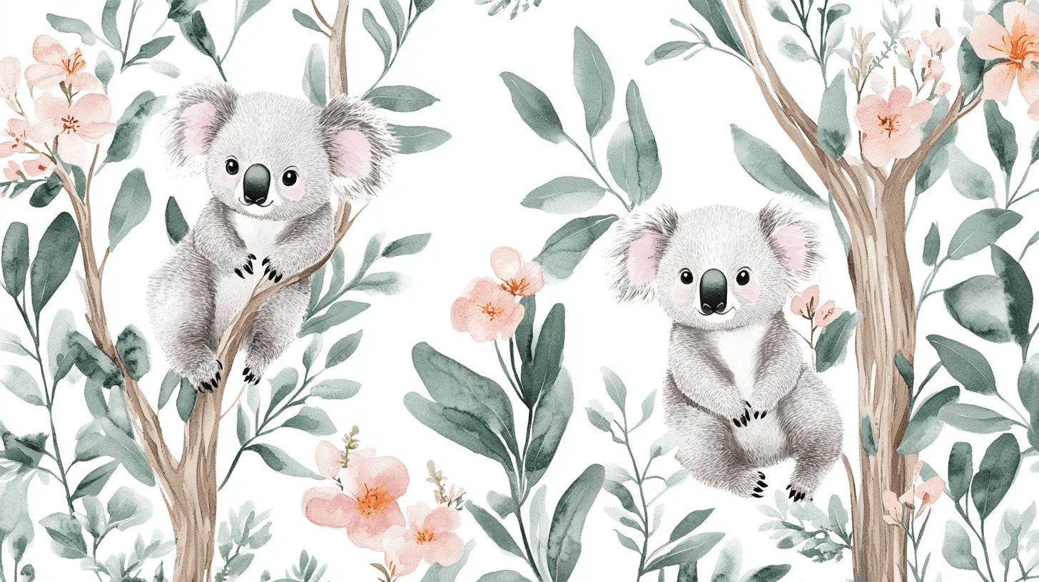 Design file showing detailed koala pattern with eucalyptus leaves and dreamy clouds