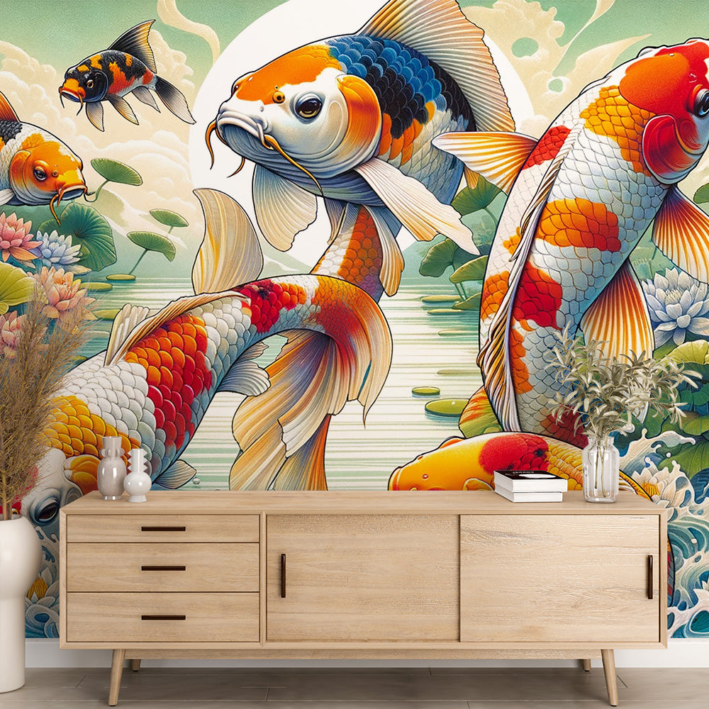 Japanese Koi Fish Wallpaper creating a calm atmosphere in a modern living room with soft lighting and minimal furniture