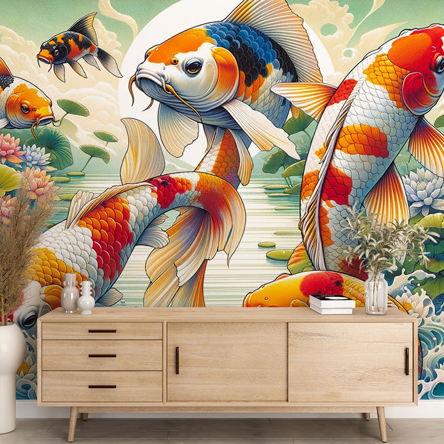 Japanese Koi Fish Wallpaper creating a calm atmosphere in a modern living room with soft lighting and minimal furniture