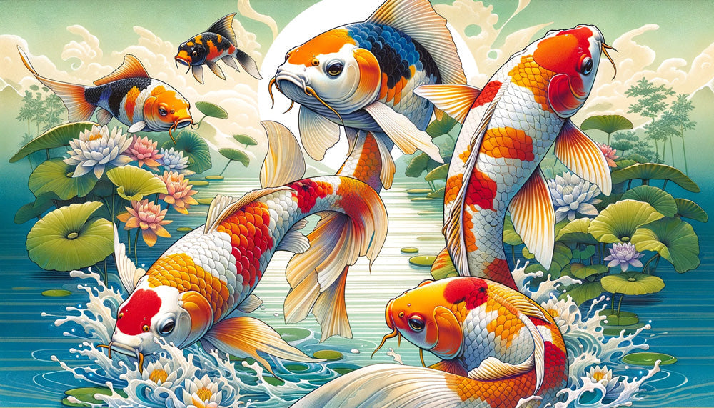 Koi Fish Wallpaper design file showing detailed orange and blue koi with lotus flowers on mint-green background