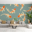 Koi fish wallpaper creating a zen atmosphere in a modern living room with minimal furniture