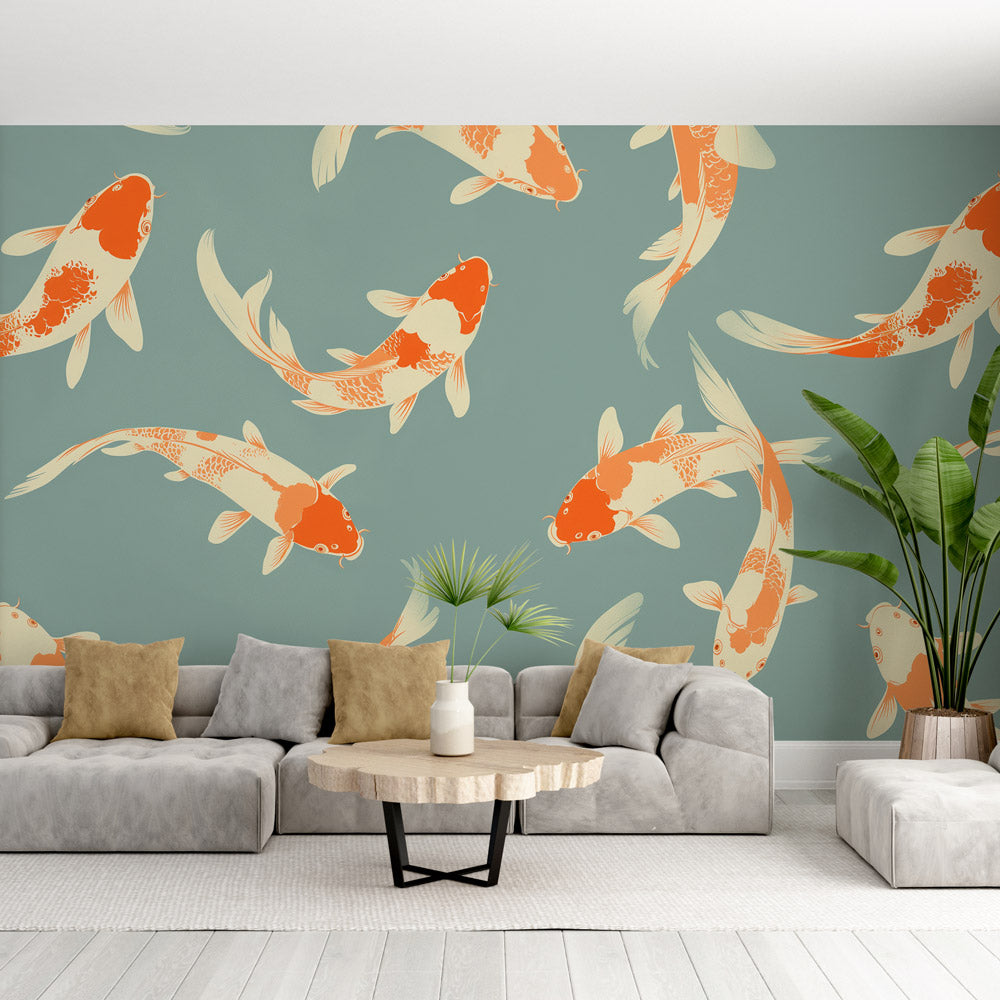Koi fish wallpaper creating a zen atmosphere in a modern living room with minimal furniture