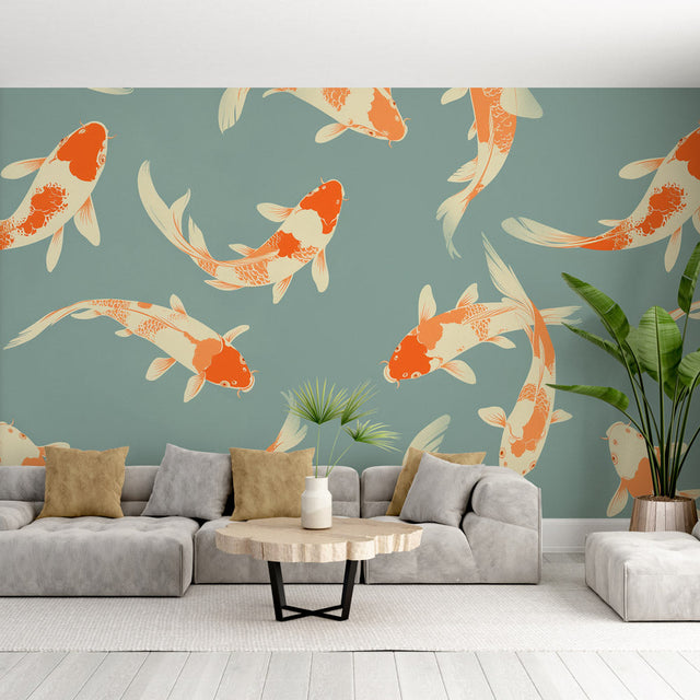 Koi fish wallpaper creating a zen atmosphere in a modern living room with minimal furniture