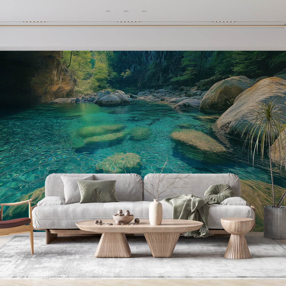 Turquoise lagoon wallpaper creating a peaceful atmosphere in a modern bathroom with natural light