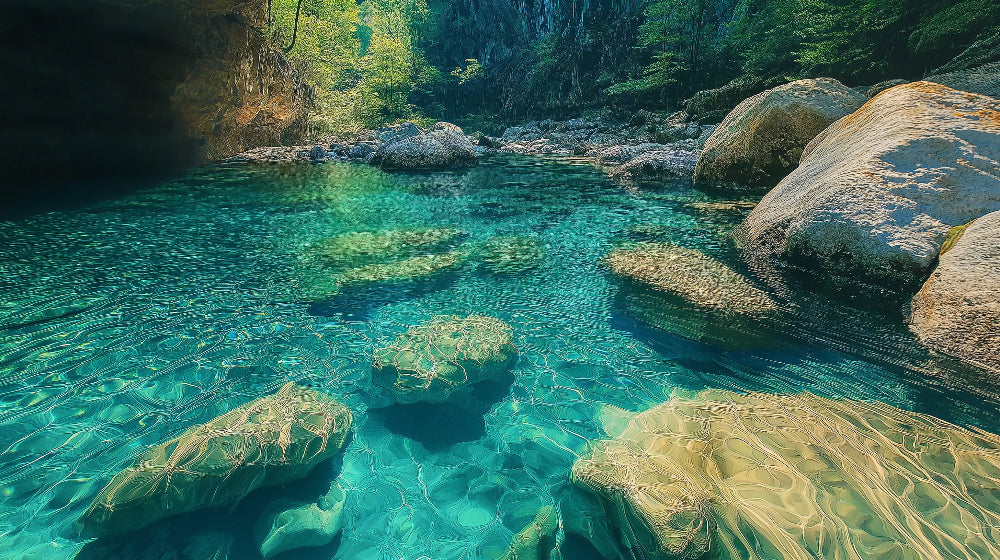 Crystal clear lagoon wallpaper design file showing detailed turquoise waters and ancient rock formations