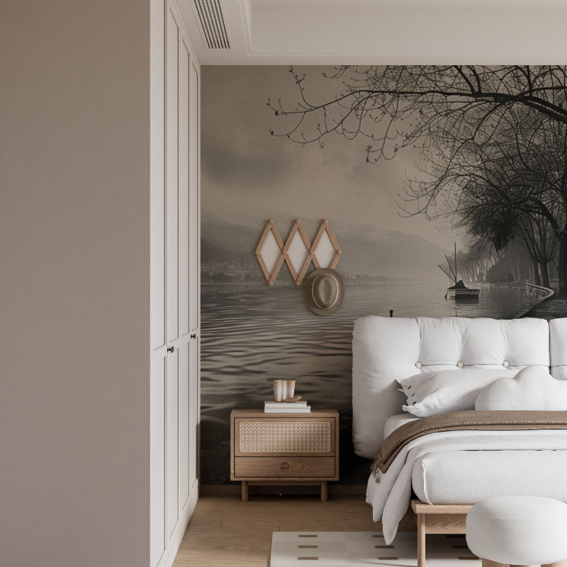 Monochrome lake mural in master bedroom showcasing peaceful mountain scene
