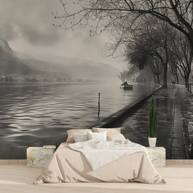 Mountain lake wallpaper creating serene atmosphere in home office setting