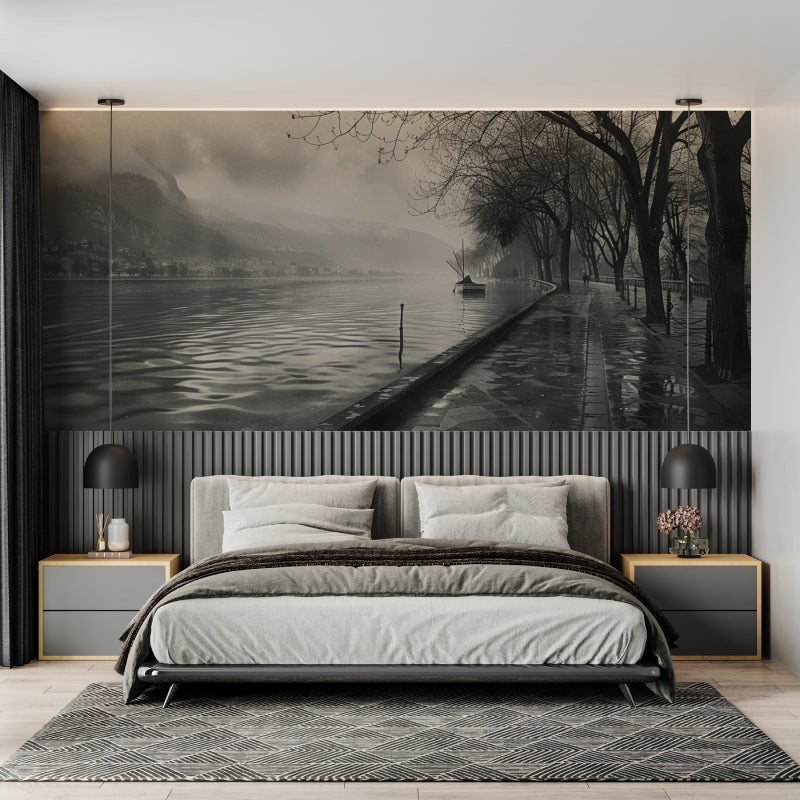 Lake vista mural adding depth to minimalist living space design