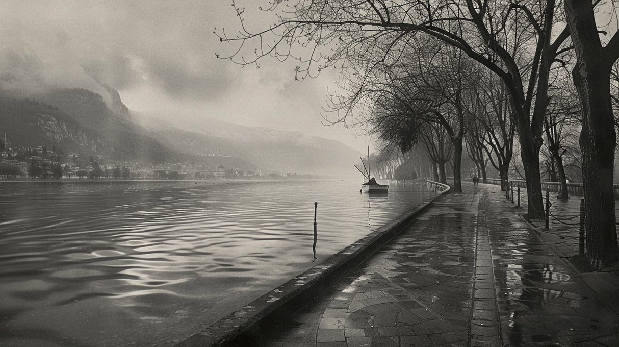 Design file showing detailed monochrome mountain and lake pattern with misty atmosphere