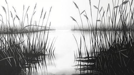 Black and white lake wallpaper creating a peaceful atmosphere in a modern living room with minimalist furniture