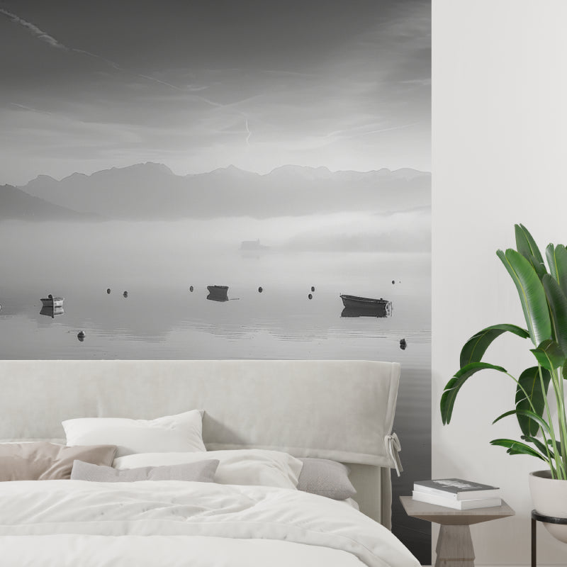 Mountain lake mural adding depth to a master bedroom with contemporary decor