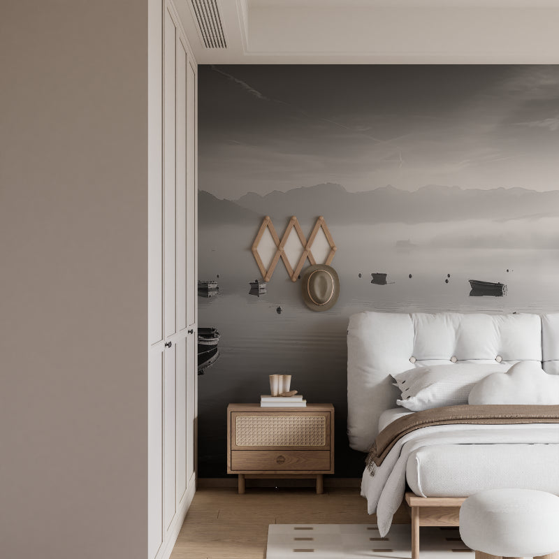 Black and white landscape mural bringing serenity to a home office space