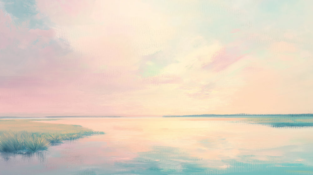 Lake wallpaper design file showing serene waterscape with pastel sunset colors and reflections