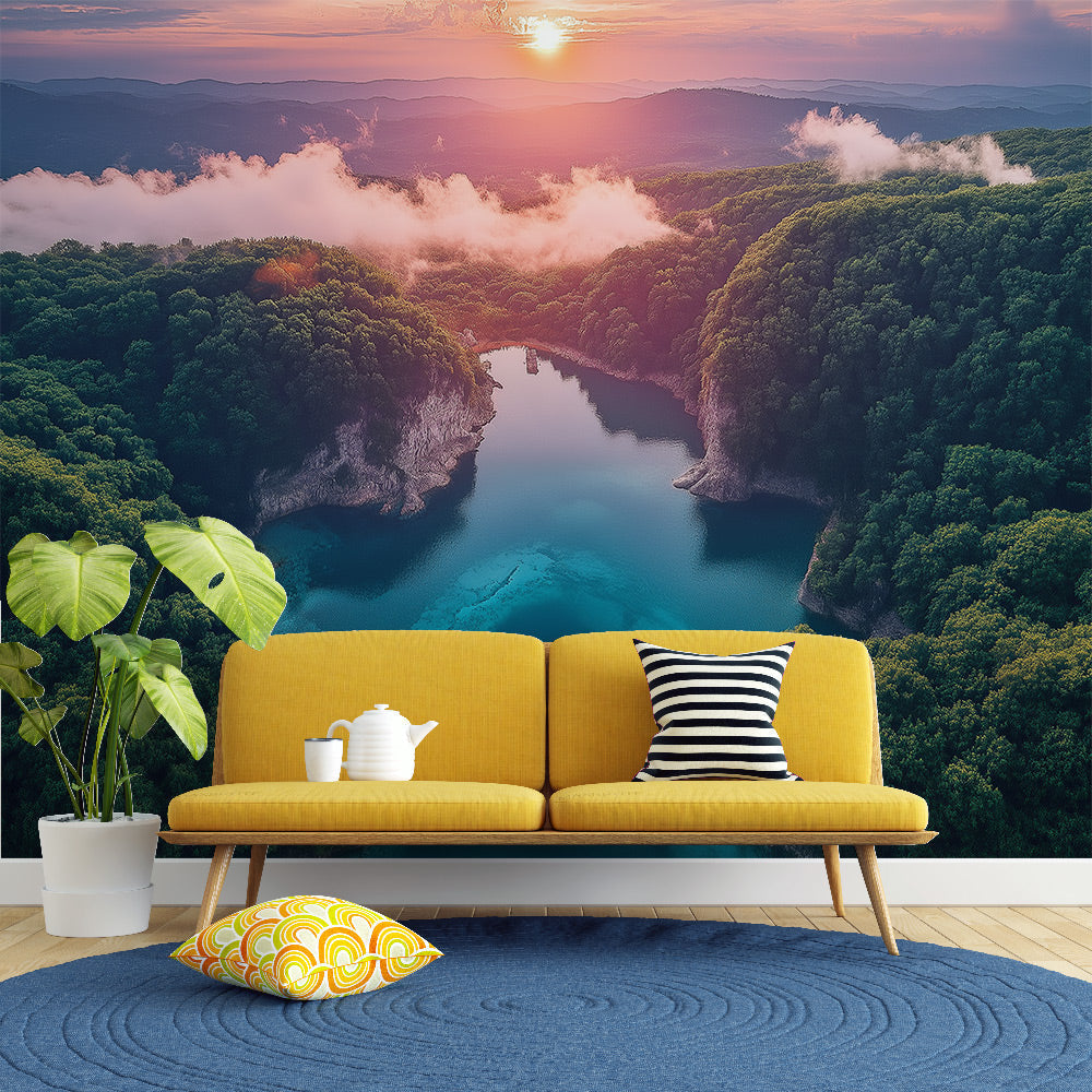 Lake mural wallpaper creating depth in a modern living room, with sunset colors reflecting off white furniture