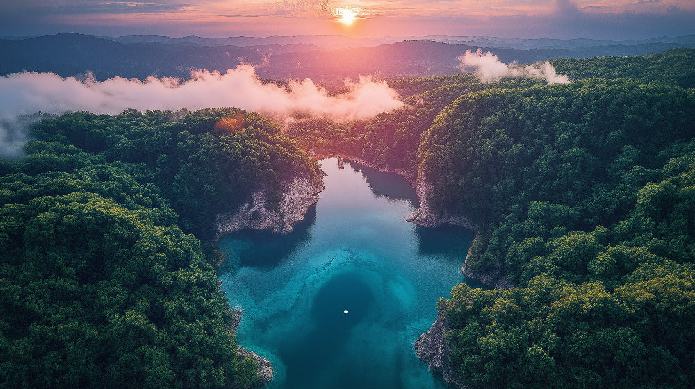 Mountain lake wallpaper design file showing detailed sunset forest panorama