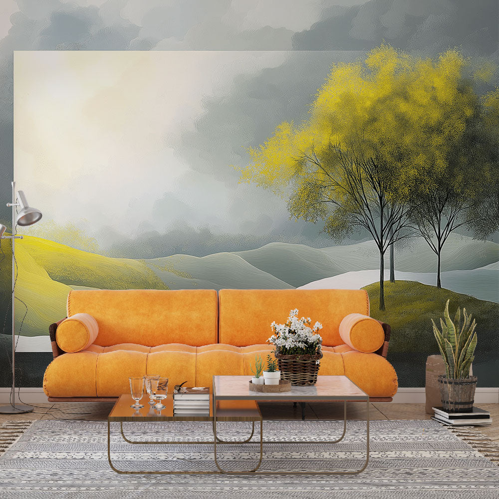Abstract landscape wallpaper with yellow trees creating a peaceful atmosphere in a modern living room setting