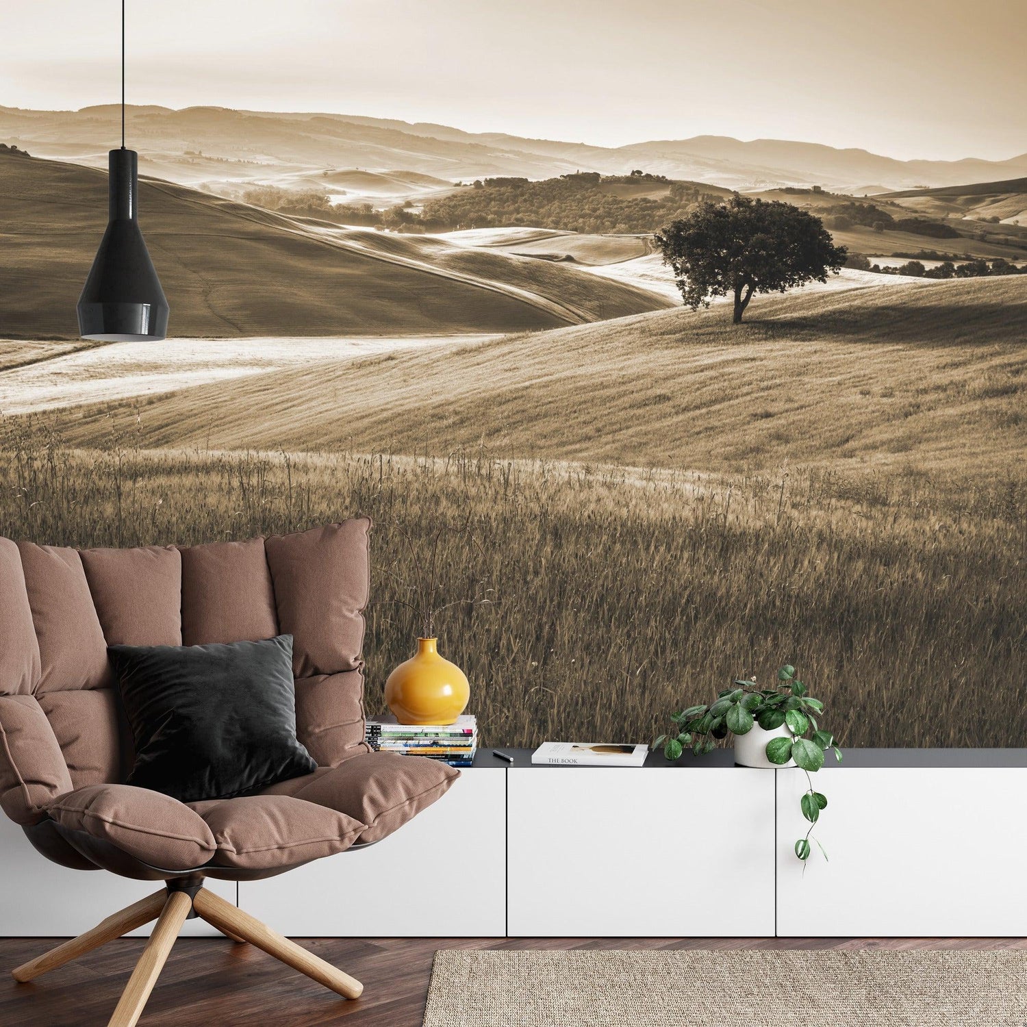Landscape wall mural bringing nature indoors in contemporary hallway