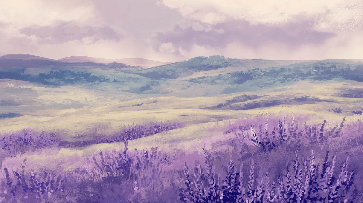 Lavender field and purple mountain landscape design file showing detailed watercolor artwork