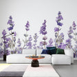 Lavender wallpaper mural creating a serene atmosphere in a modern bedroom with natural light