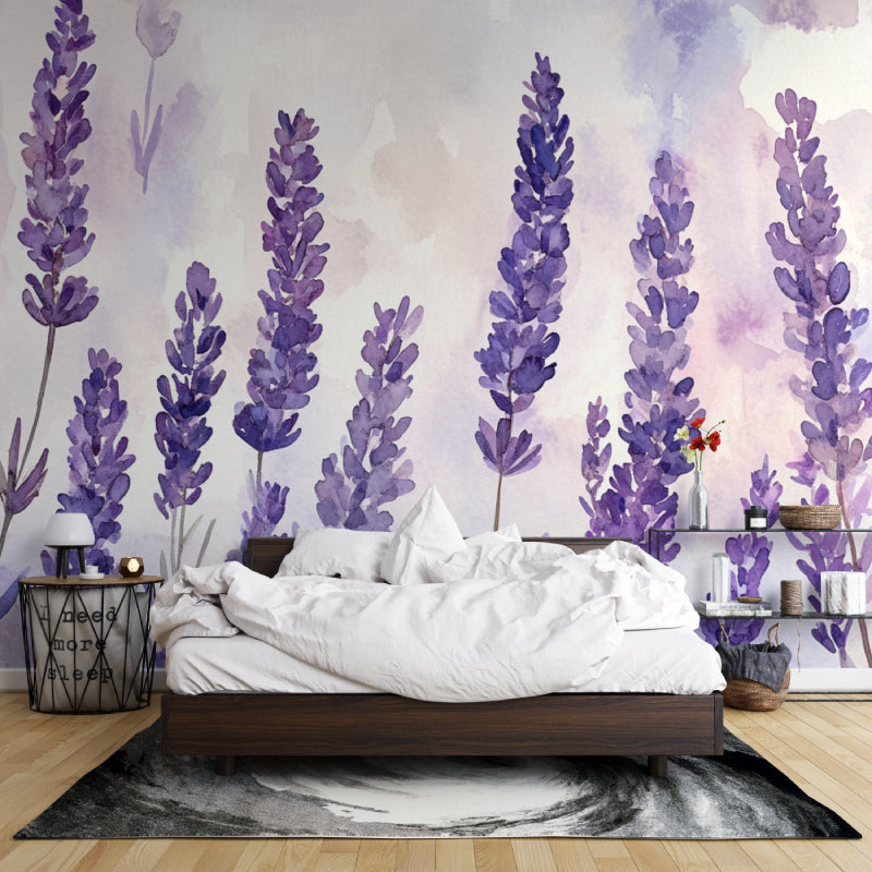 Lavender wall mural in bright master bedroom, purple watercolor flowers create peaceful sleeping space