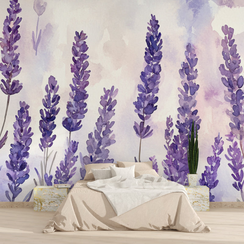 Purple floral wallpaper in modern living room, watercolor lavender adds elegant touch