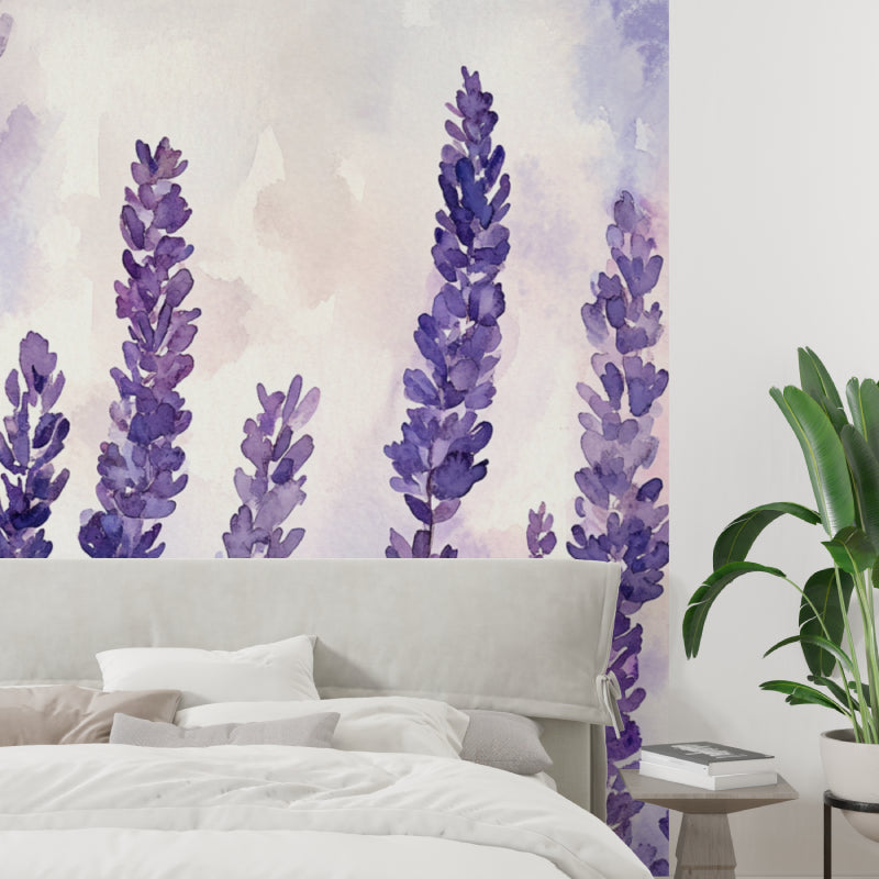 Watercolor lavender mural in yoga studio, creates calming meditation space