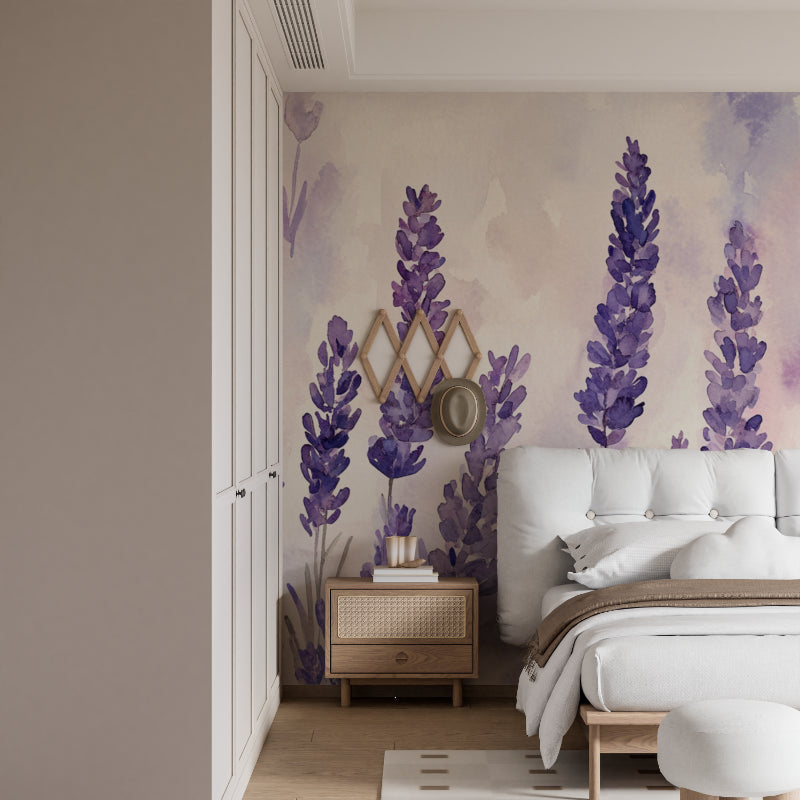 Purple flower wall mural in reading nook, soft watercolor design perfect for relaxation